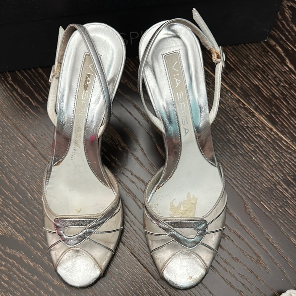 Via Spiga Silver Heels with Slingback and Peep-Toe Design - Size 6